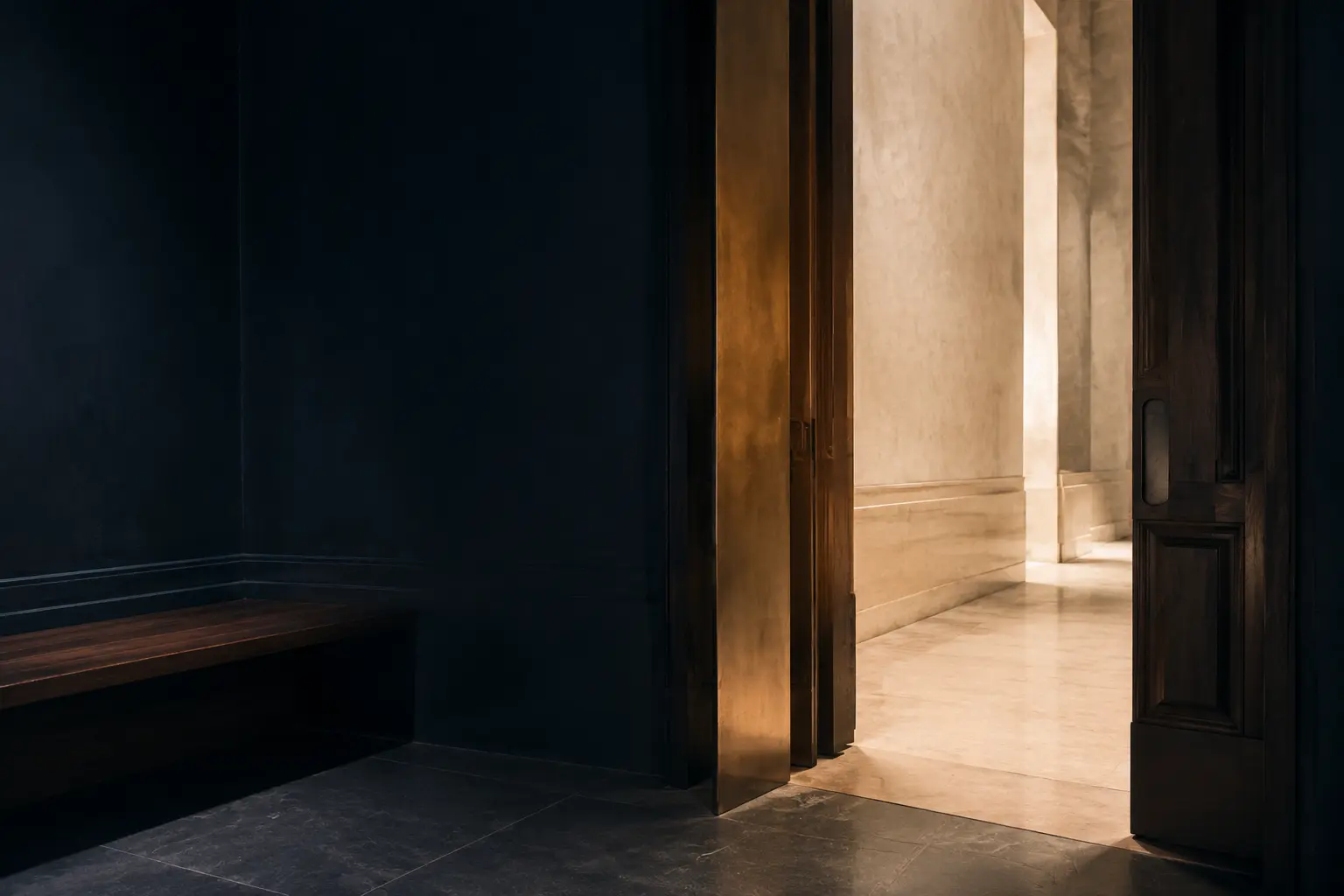 Warm light beyond a quiet architectural threshold
